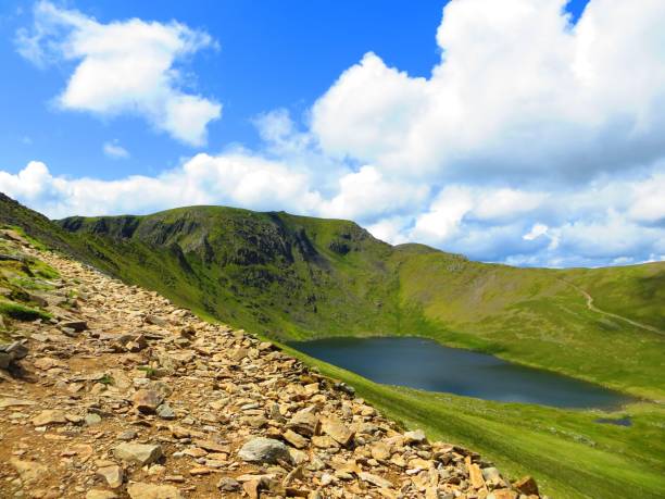 Helvellyn and Red Tarn Photo enroute to the summit of Helvellyn and Red Tarn in the Lake District. striding edge stock pictures, royalty-free photos & images