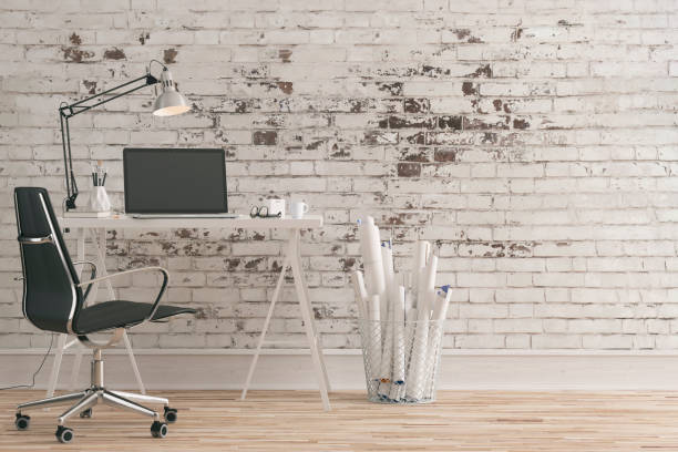 istock Workdesk with decoration and copy space -ruined wall 1157508528