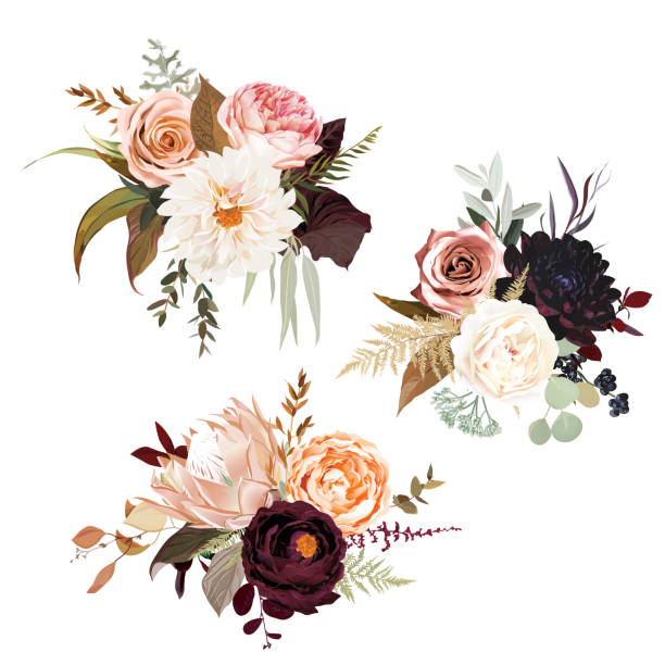 ムーディーボーホシックな結婚式のベクトルブーケ - sepia toned floral点のイラスト素材／クリップアート素材／マンガ素材／アイコン素材