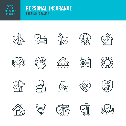 Set of 20 Personal Insurance line vector icons. Life Insurance, Home Insurance, Medical insurance, Transportation Insurance and so on