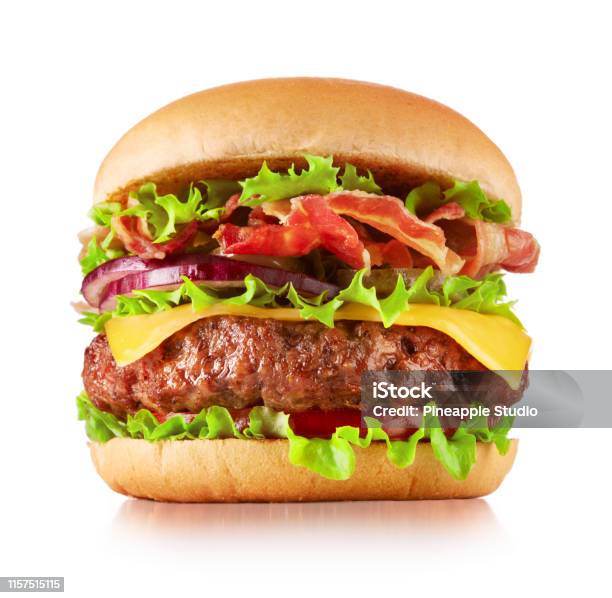 Foto de Cheeseburger Isolado No Branco e mais fotos de stock de Hamburguer - Hamburguer, Hambúrguer, Fundo Branco