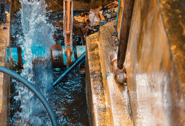 istock plumber working repair the broken pipe with Adjustable Wrenches or Locking Pliers in hole ditch at roadside and water Motion 1157517078