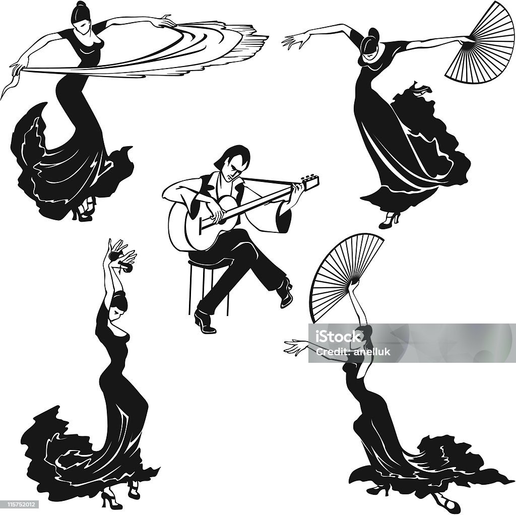 Flamenco dancers in black and white musical image Simplified figures of a flamenco dance Flamenco Dancing stock vector