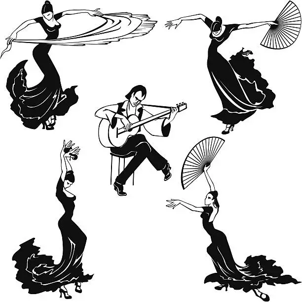 Vector illustration of Flamenco dancers in black and white musical image