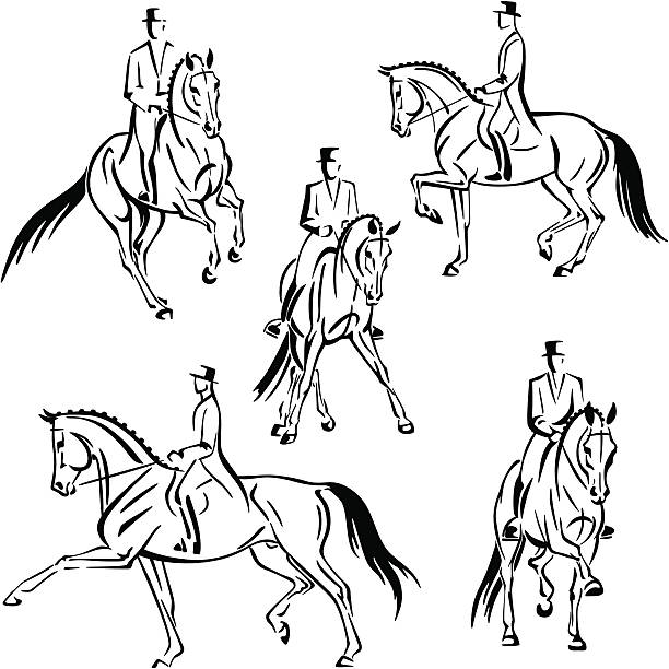 Five dressage riders Simplified silhouettes of horse and rider performing dressage movements - extended trot, half-pass, piaffe, and canter pirouette. For emblems, invitations etc. dressage stock illustrations