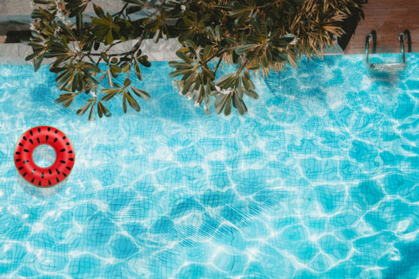 istock Pool float, ring floating in a refreshing blue swimming pool with palm tree leaf shadows in water. Top View 1157523144