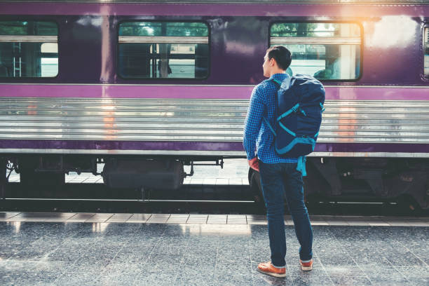 istock Tourist backpacker using map to travel at train station 1157526893