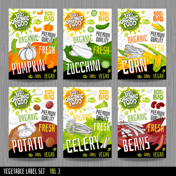 illustrazioni stock, clip art, cartoni animati e icone di tendenza di etichette alimentari set adesivi collezione etichette vegetali spezie imballaggio design. zucca, zucchine, mais, sedano, patate, fagioli. - juice celery drink vegetable