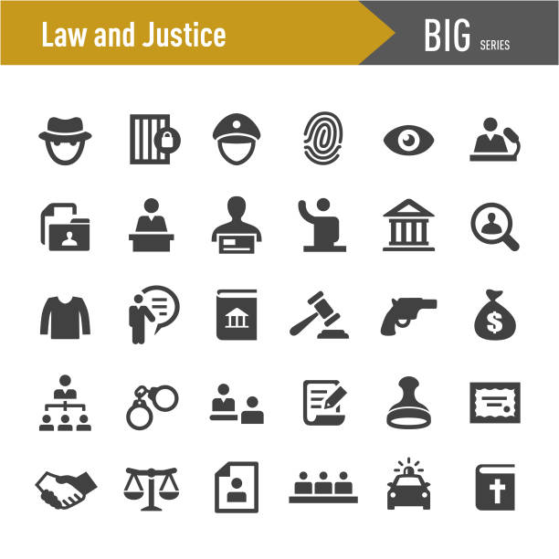 ilustraciones, imágenes clip art, dibujos animados e iconos de stock de iconos de la ley y la justicia - big series - sistema jurídico