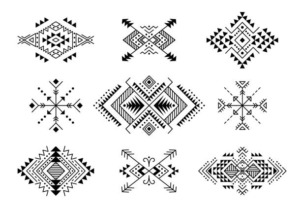 Set of Aztec style ornaments and arrows. Black and white colored vintage set of Aztec style ornaments and arrows. American indian ornamental pattern design collection. Tribal decorative templates. Ethnic ornamentation. EPS 10 vector. Isolated on the white background. inca stock illustrations