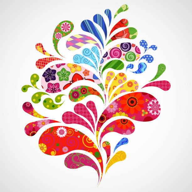 White background with multi colored floral splashes Splash of floral and ornamental drops background. landscape design stock illustrations