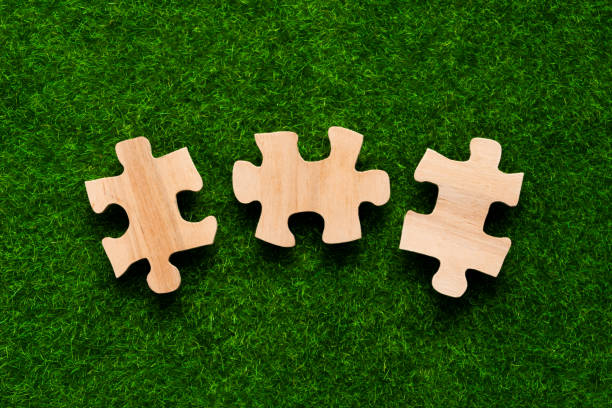istock Three pieces of a puzzle from a tree on a background of an artificial green grass. 1157547530