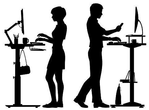 Editable vector silhouettes of a man and woman working at standing office desks with all elements as separate objects