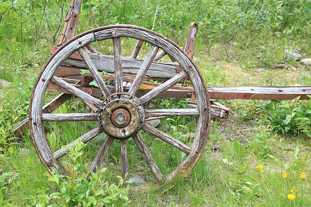 Decaying wagon wheel, Barkerville Historic Town, British Columbia. The community of Barkerville was born in 1862 as the result of a gold miner named Billy Barker striking a rich mother lode in the gravel of Williams Creek. Barkerville is located in the Cariboo Mountains 80 km east of Quesnel, BC, Canada. quesnel stock pictures, royalty-free photos & images