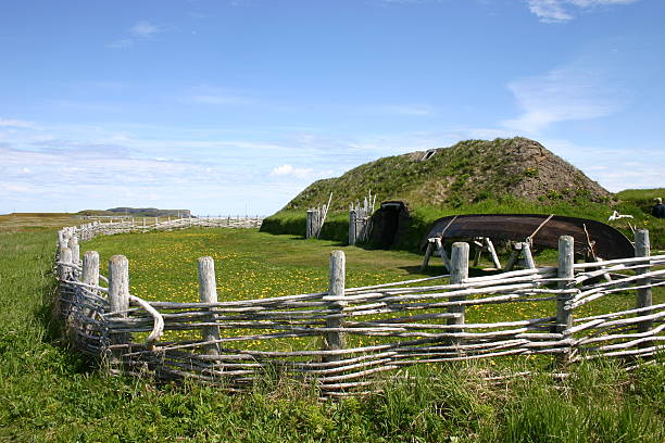 Norse sod hut at L&#8217;Anse aux Meadows, Newfoundland. stock photo