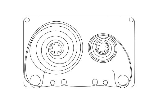 Cassette tape in one line art drawing style. Black line sketch on white background. Vector illustration