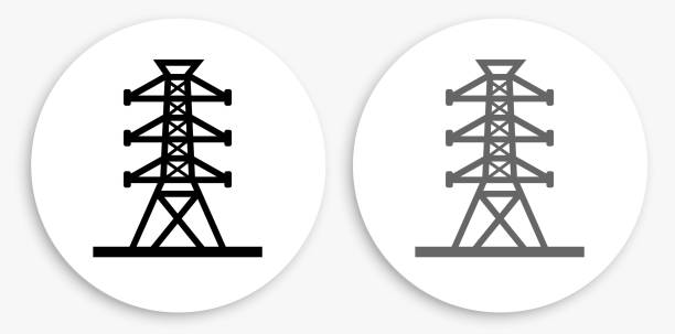 Power Line Black and White Round Icon Power Line Black and White Round Icon. This 100% royalty free vector illustration is featuring a round button with a drop shadow and the main icon is depicted in black and in grey for a roll-over effect. electrical tower illustration stock illustrations