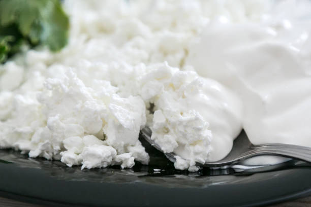 menu colazione - ricotta con panna acida e prezzemolo verde. - nonfat milk foto e immagini stock