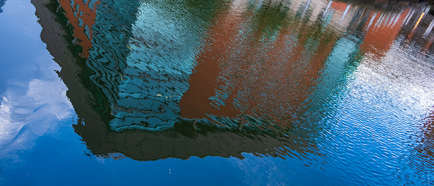 Blue and Brown abstract patterns of Building reflections in the water of Rochdale Canal in Manchester