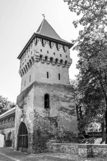 Sibiu historic defensive city wall fortified tower, Turnul Olarilor in Romania, Transylvania, black and white photography