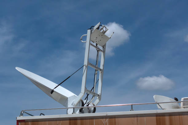 istock A boardcast white satellite mobile car with blue sky 1157562592