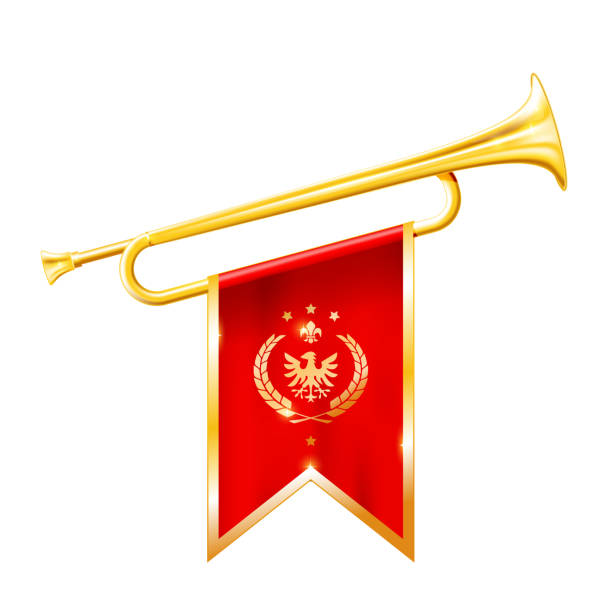 ilustraciones, imágenes clip art, dibujos animados e iconos de stock de cuerno real antiguo - trompeta con bandera triunfante, concepto de triunfo - bugle
