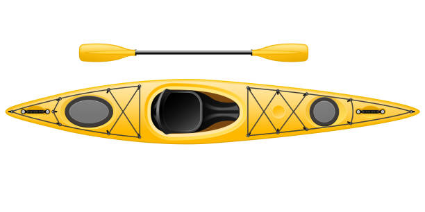 illustrations, cliparts, dessins animés et icônes de kayak monoplace avec double pagaie - vue en canot pour la pêche et le tourisme - canoe kayak, jaune