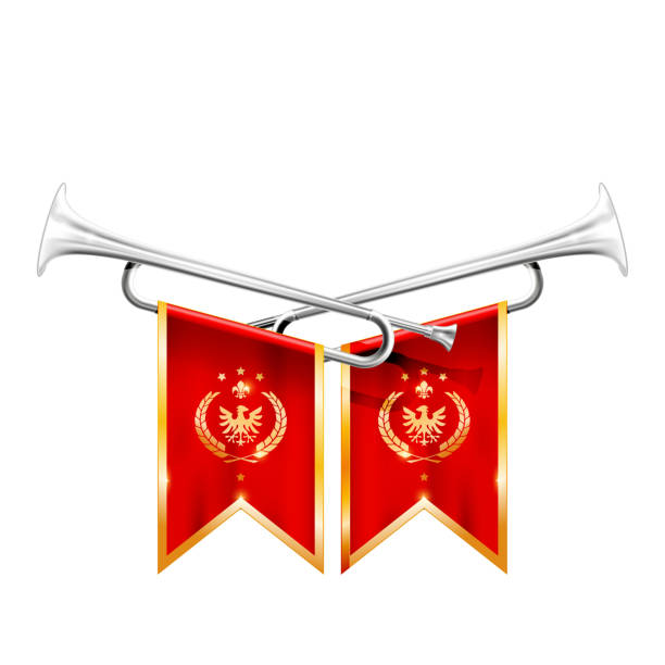 ilustrações de stock, clip art, desenhos animados e ícones de two crossed royal trumpets, silver horn, triumph and fanfare - bugle trumpet brass old fashioned