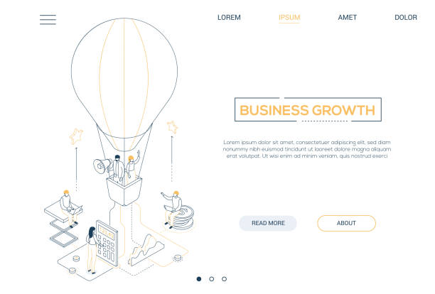 Business growth - line design style isometric web banner vector art illustration