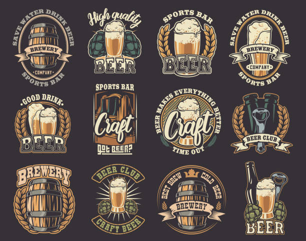 illustrazioni stock, clip art, cartoni animati e icone di tendenza di grande set di illustrazioni vettoriali sul tema della birra. - retro theme
