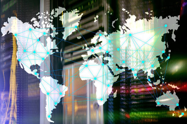 istock Internet and telecommunication concept with world map on server room background. 1157576801