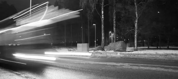 Black and white long exposure of a bus in Helsinki, Finland