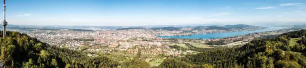 Panorama of the city of Zurich and Lake Zurich, on the left in the picture transmission mast on the Uetliberg, Switzerland