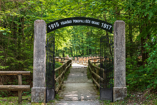 Vojasko Pokopalisce Ukanc - Slovenia  - June 18, 2019:Cemetery of the fallen during the First World War. All fallen soldiers (especially Austro-Hungarians) and a few prisoners of war have the same wooden crosses