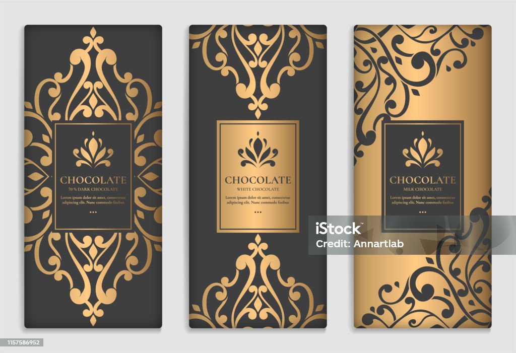 Gold and black packaging design of chocolate bars. Vintage vector ornament template. Elegant, classic elements. Great for food, drink and other package types. Can be used for background and wallpaper. Vector illustration Abstract stock vector