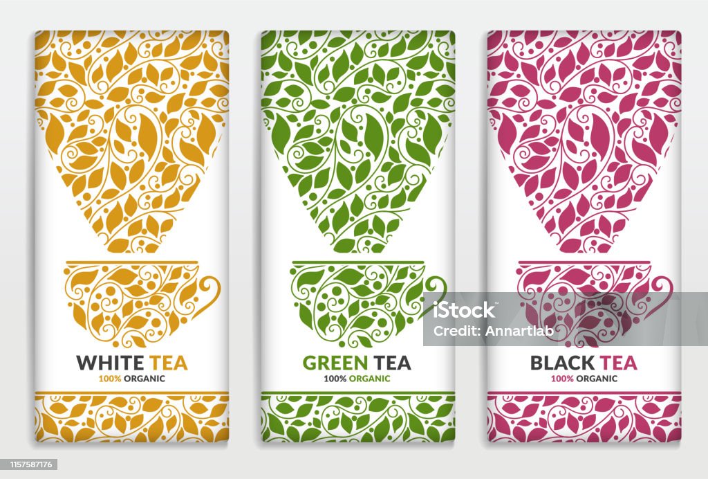 Green, yellow and red tea packaging design. Vintage vector ornament template. Elegant, classic elements. Great for food, drink and other package types. Can be used for background and wallpaper. Vector illustration Abstract stock vector