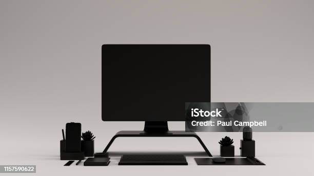 Black Contemporary Desk Setup Front View Stock Photo - Download Image ...