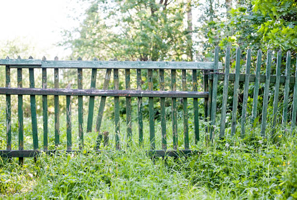 vecchia vista ravvicinata di picchetto in legno traballante - picket fence grass gardens nature foto e immagini stock