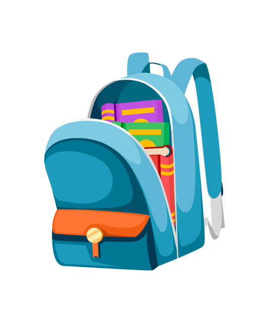 Colorful opened school bag with books. Backpack with zippers. Cartoon design. Flat vector illustration isolated on white background Colorful opened school bag with books. Backpack with zippers. Cartoon design. Flat vector illustration isolated on white background. backpack illustrations stock illustrations