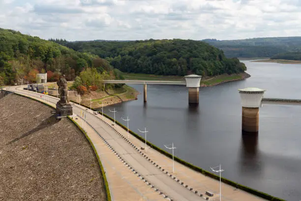 View at Gileppe dam with artificial lake in Belgium Ardennes with two drinking water supply systems