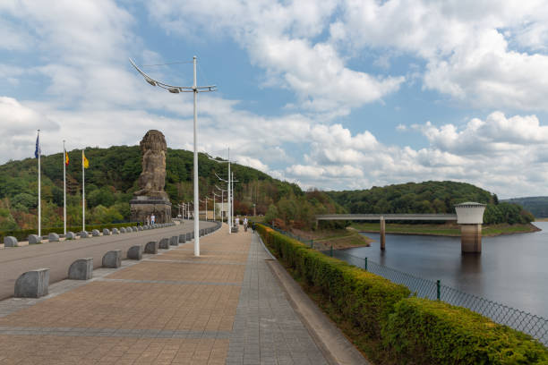 Gileppe, Belgium - August 22, 2018: View at Gileppe dam with artificial lake in Belgium Ardennes with drinking water supply system