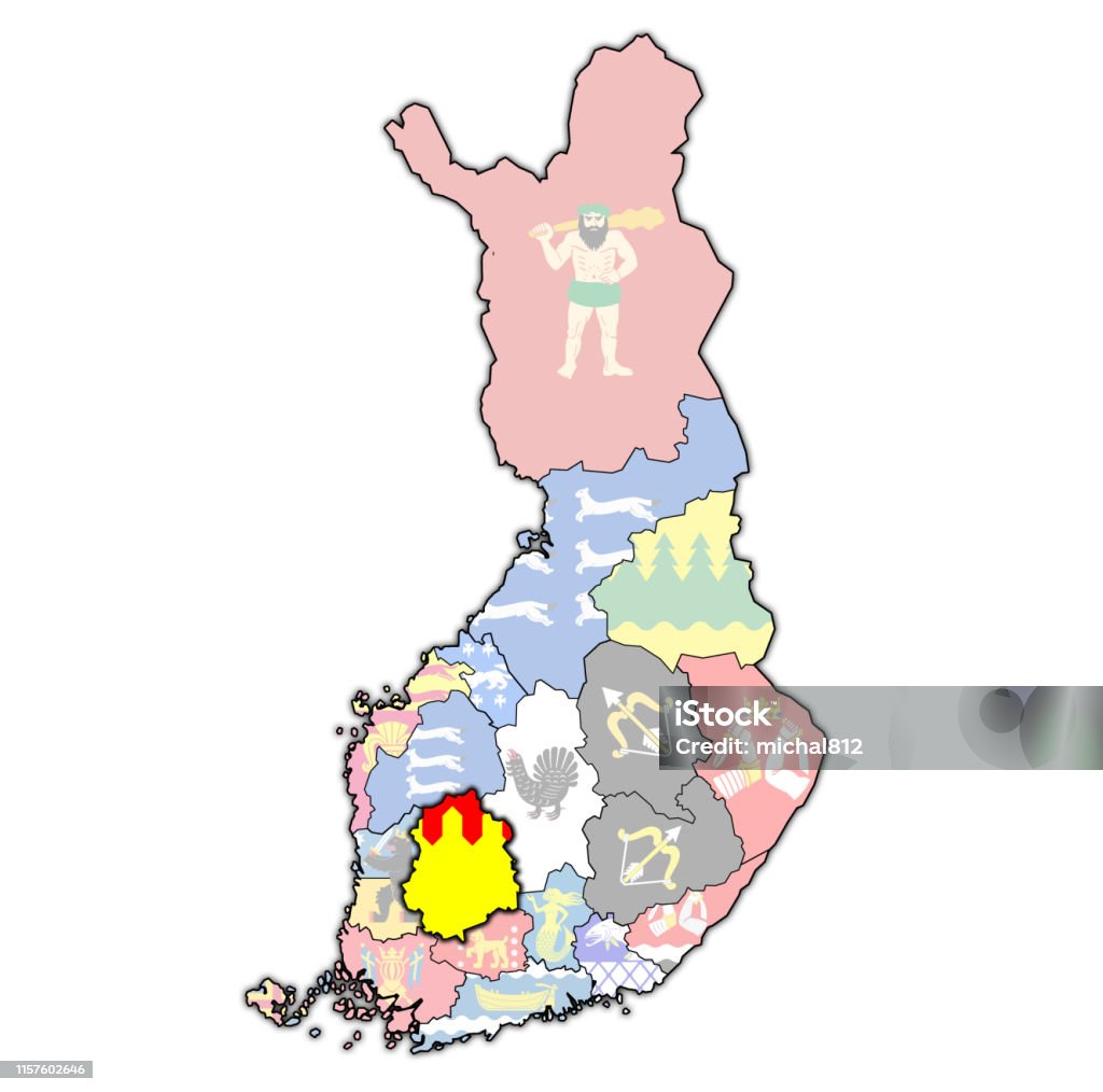 flag of Pirkanmaa region on administration map of Finland territory of Pirkanmaa region on map of administrative divisions of Finland with clipping path Blue stock illustration