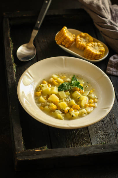 istock soup with corn and vegetables (first course). top food background. copy spa 1157603942