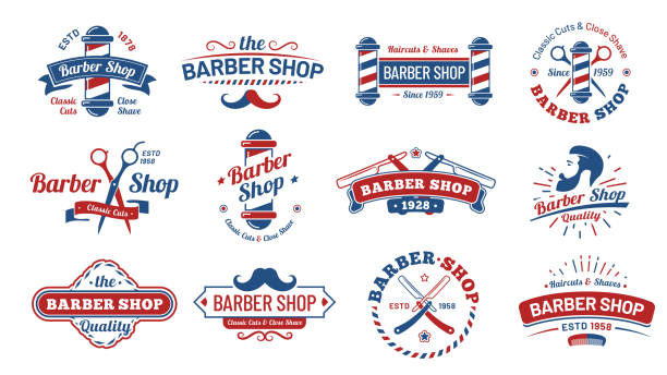 barbershop abzeichen. vintage barbier label, retro rasieren salon abzeichen und gentleman haarschnitt alten zeichen vektor illustration set - herrenfriseursalon stock-grafiken, -clipart, -cartoons und -symbole