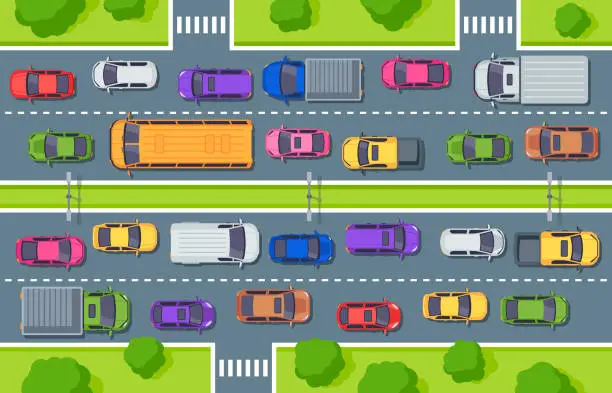 Vector illustration of Traffic jam. Highway top view, trucks cars on road and car traffic control vector illustration