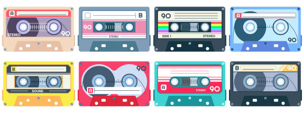 Vintage tape cassette. Retro mixtape, 1980s pop songs tapes and stereo music cassettes vector set Vintage tape cassette. Retro mixtape, 1980s pop songs tapes and stereo music cassettes. 90s hifi disco dance audiocassette, analogue player record cassette. Isolated symbols vector set mixtape stock illustrations