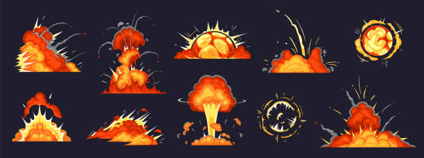 illustrazioni stock, clip art, cartoni animati e icone di tendenza di esplosione di una bomba a cartoni animati. esplosioni di dinamite, pericolo detonazione bomba esplosiva e bombe atomiche nuvole fumetti illustrazione vettoriale set - space rocket fire flame