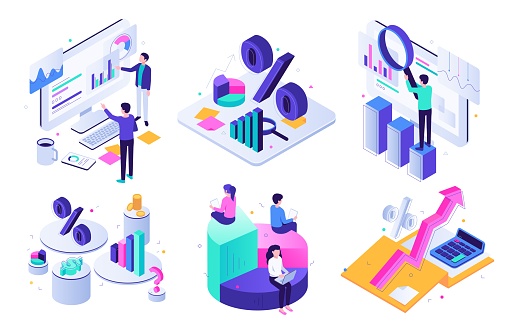 Financial audit. Budget graph, tax expert and business finance balance valuation. Managment calculation, financial accounting or audit tax service. Isometric 3D vector illustration icons set