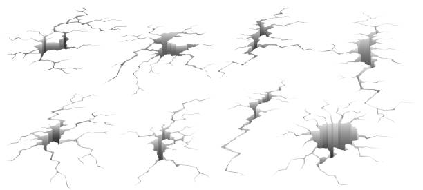 illustrations, cliparts, dessins animés et icônes de fissures au sol. fissure de tremblement de terre, effet de trou et ensemble d'illustration de vecteur isolé de surface fissuré - vue du sol