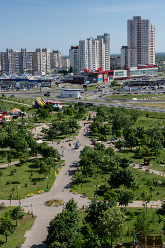 Kiev, Ukraine - May 19, 2019: view from the window of the house to the park Pozniaky and the road to Boryspil